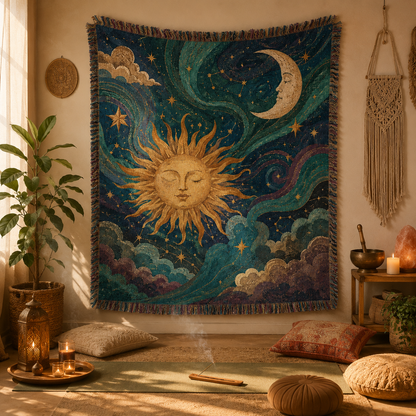 Celestial woven blanket displayed as wall tapestry in a boho meditation room