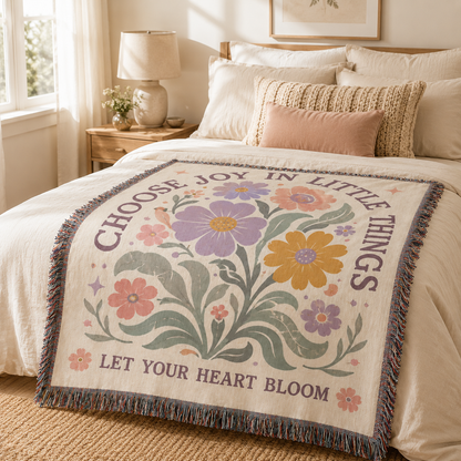Choose Joy in Little Things floral woven blanket styled across a cozy bed