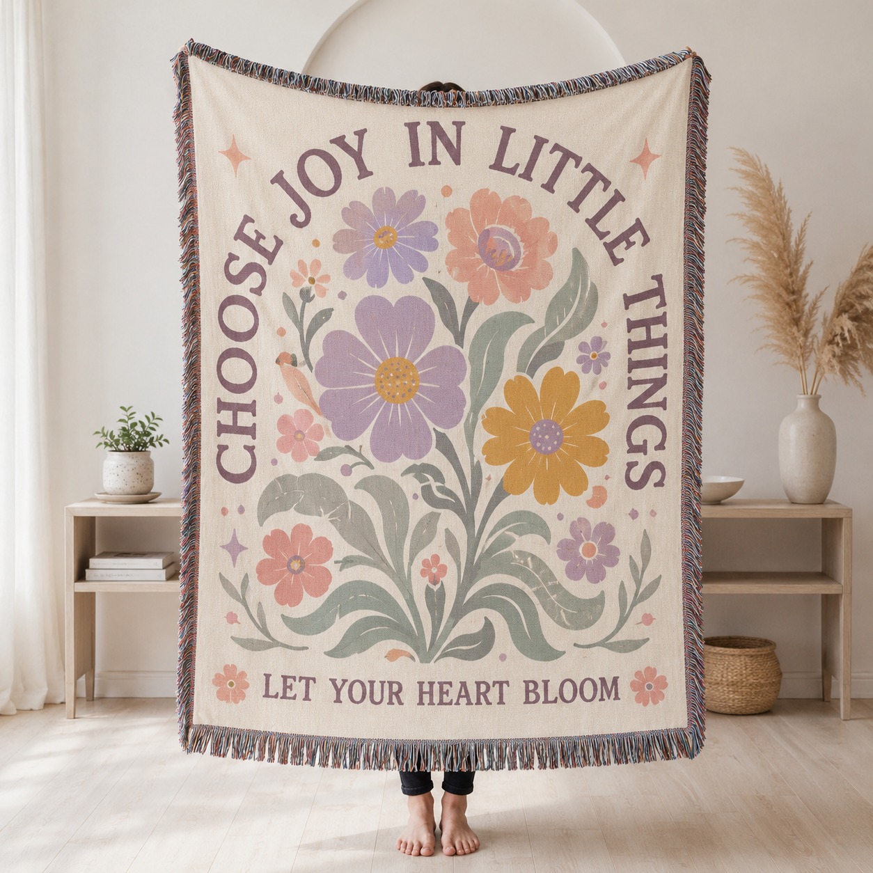 Choose Joy in Little Things floral woven blanket with pastel flowers and fringe