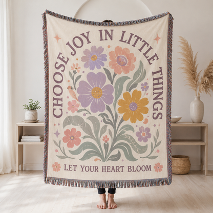 Choose Joy in Little Things floral woven blanket with pastel flowers and fringe