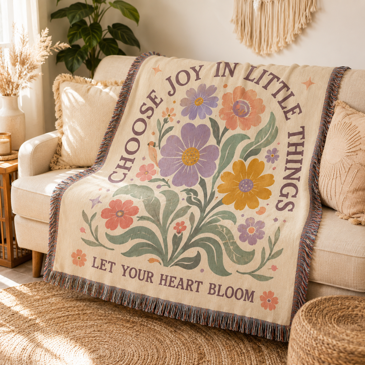 Choose Joy floral woven blanket draped over a cream sofa in a boho living room