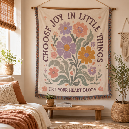 Choose Joy pastel floral woven blanket displayed as boho wall tapestry decor