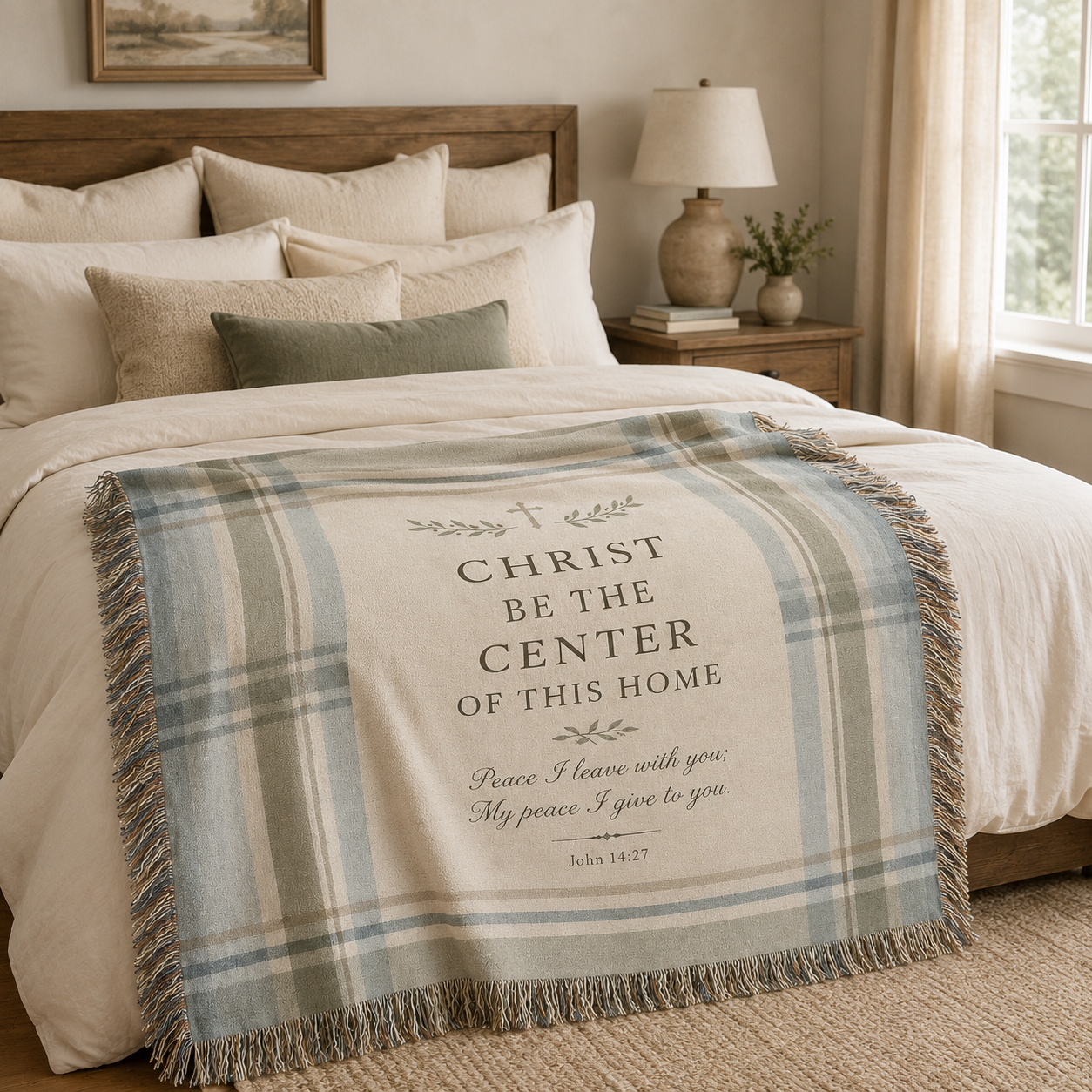 Christ Be the Center of This Home John 14:27 woven blanket styled in a neutral bedroom