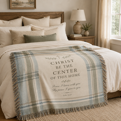Christ Be the Center of This Home John 14:27 woven blanket styled in a neutral bedroom