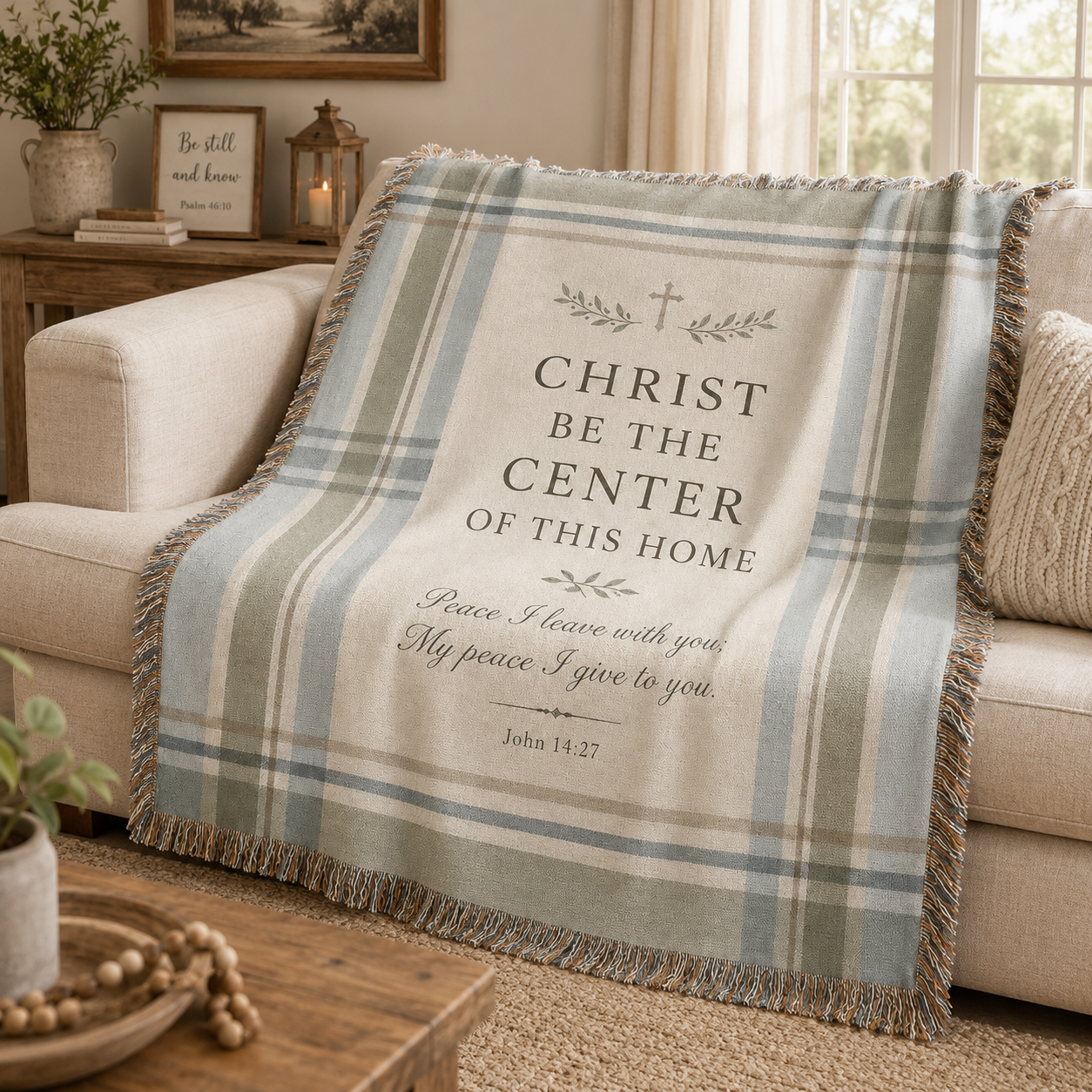 Christ Be the Center of This Home woven blanket softly draped over a farmhouse sofa