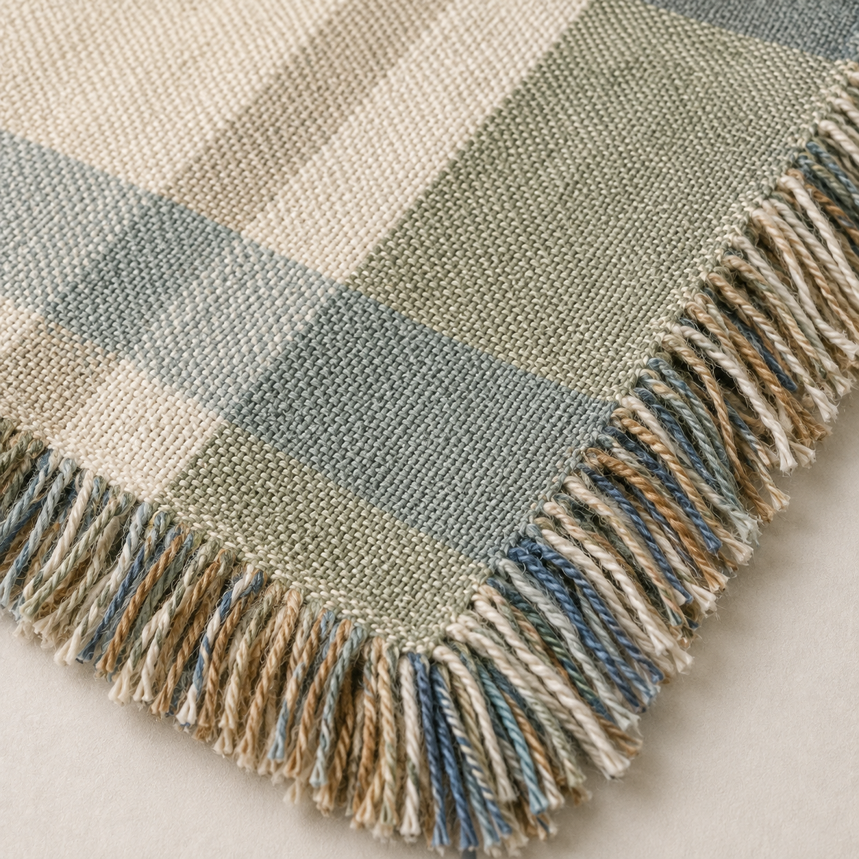 Macro close up of woven yarn texture and multicolor fringe on Christian plaid blanket