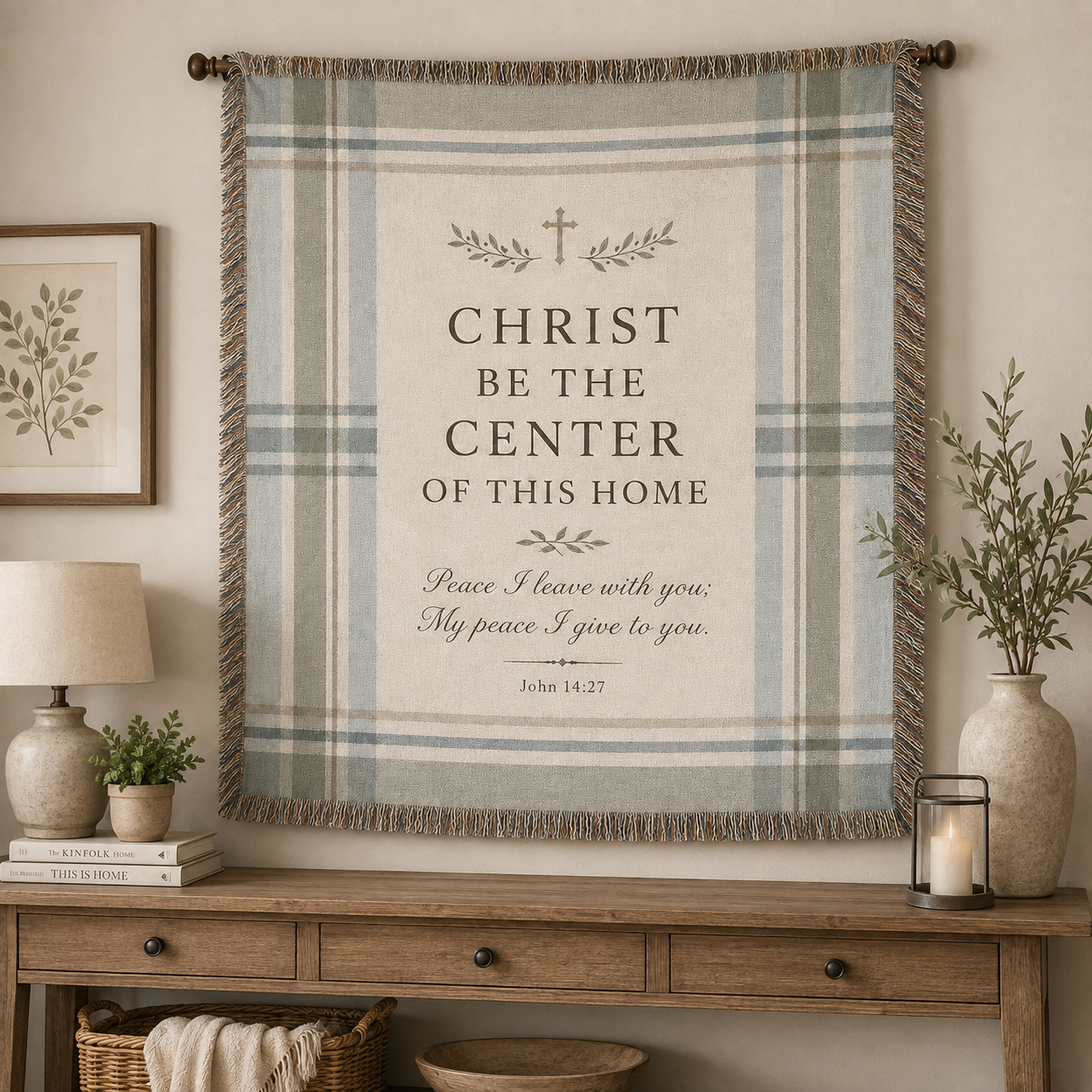 Christ Be the Center of This Home woven blanket displayed as Christian farmhouse wall decor