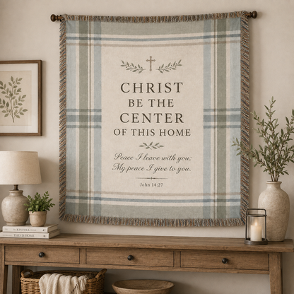 Christ Be the Center of This Home woven blanket displayed as Christian farmhouse wall decor