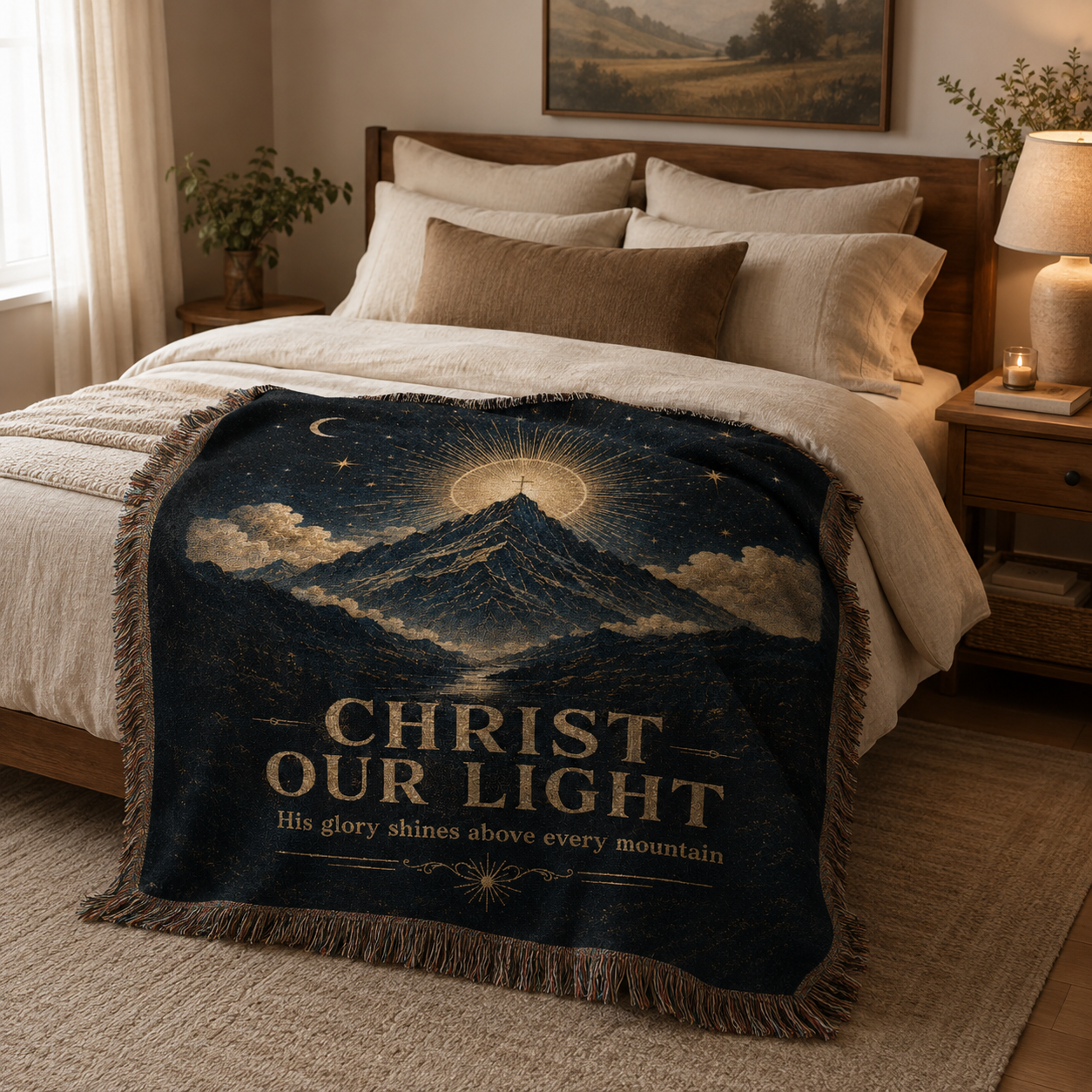 Christ Our Light woven blanket styled across a warm neutral bedroom