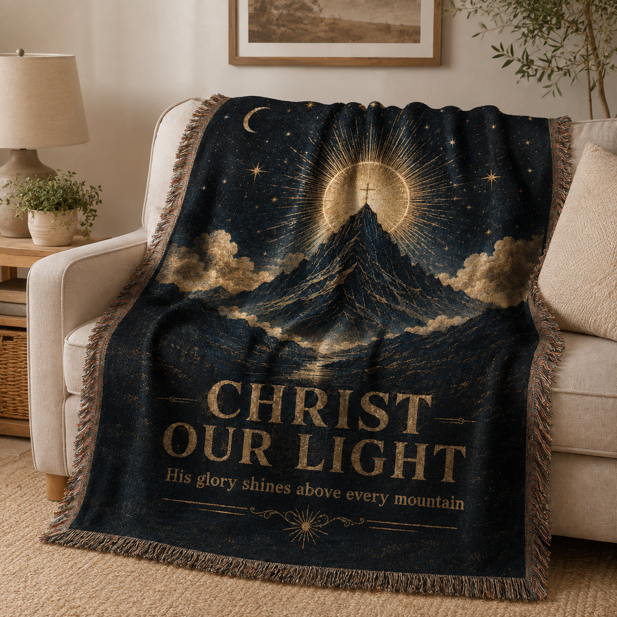 Christ Our Light Christian woven blanket softly draped over a neutral sofa