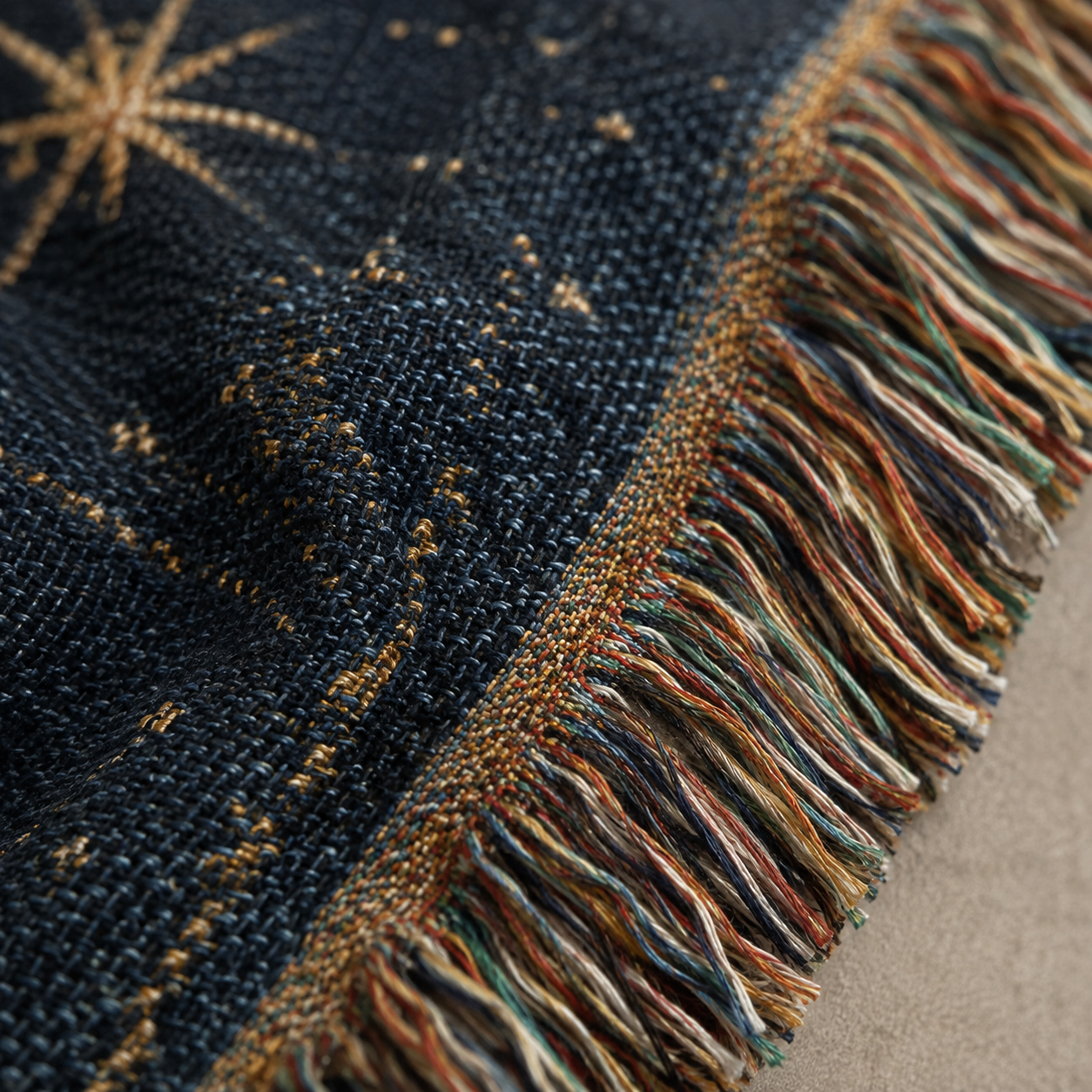 Macro close up of dark woven yarn texture and multicolor fringe on Christ Our Light blanket
