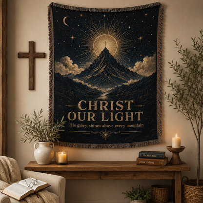 Christ Our Light woven blanket displayed as Christian wall tapestry decor