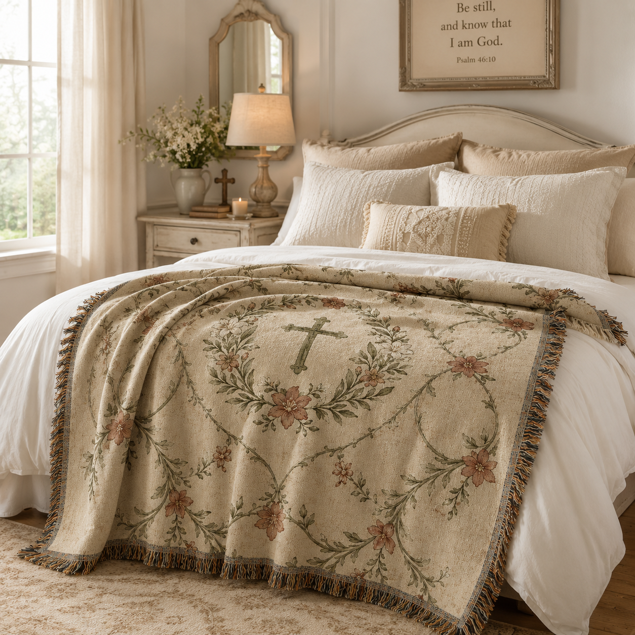 Christian floral cross woven blanket styled across a cozy neutral bed