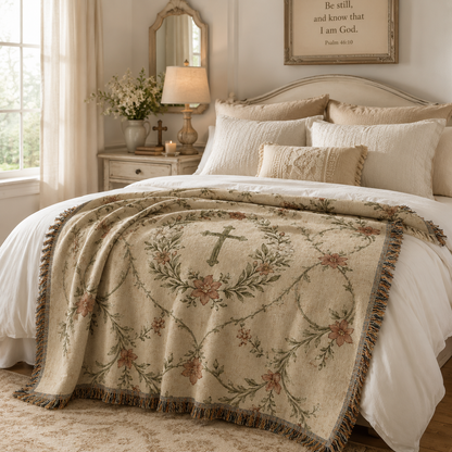 Christian floral cross woven blanket styled across a cozy neutral bed