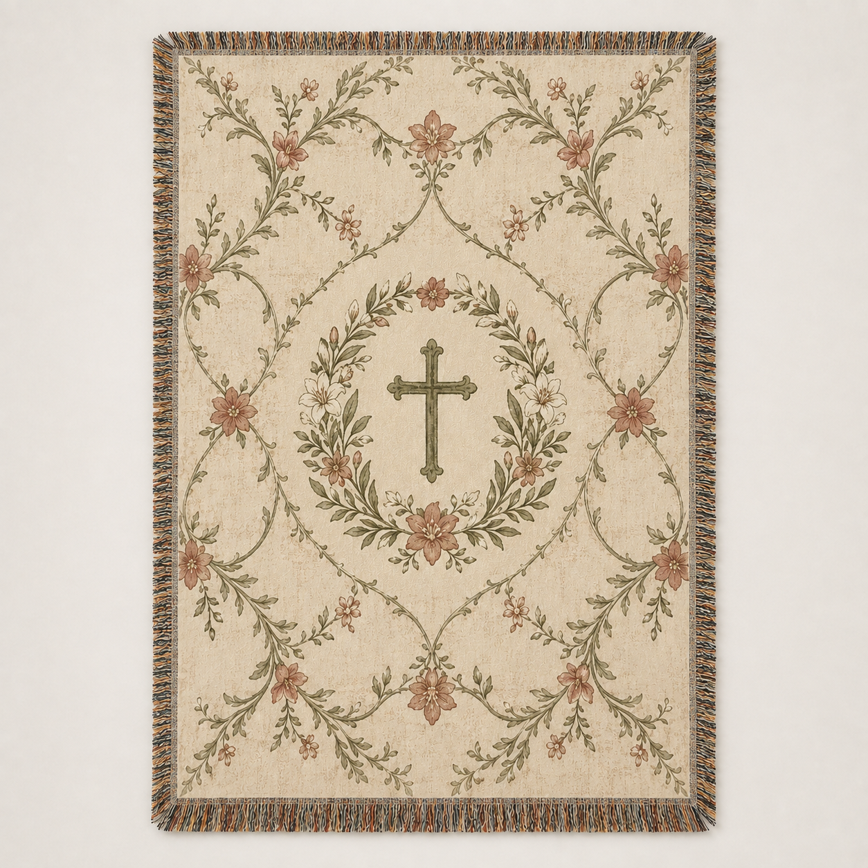 Christian floral cross woven blanket with vintage botanical trellis design and fringe