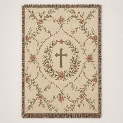Christian floral cross woven blanket with vintage botanical trellis design and fringe
