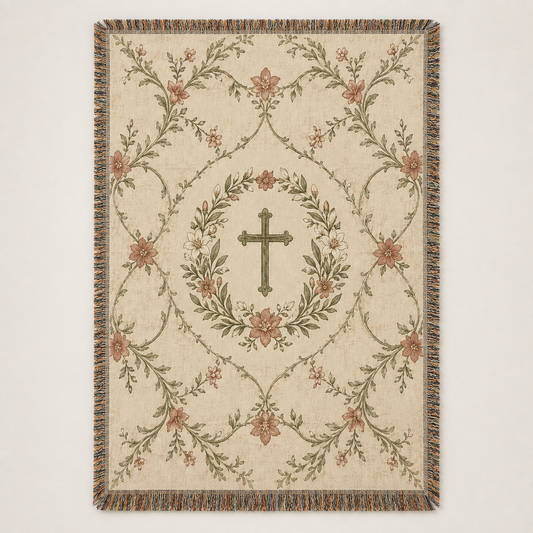 Christian floral cross woven blanket with vintage botanical trellis design and fringe