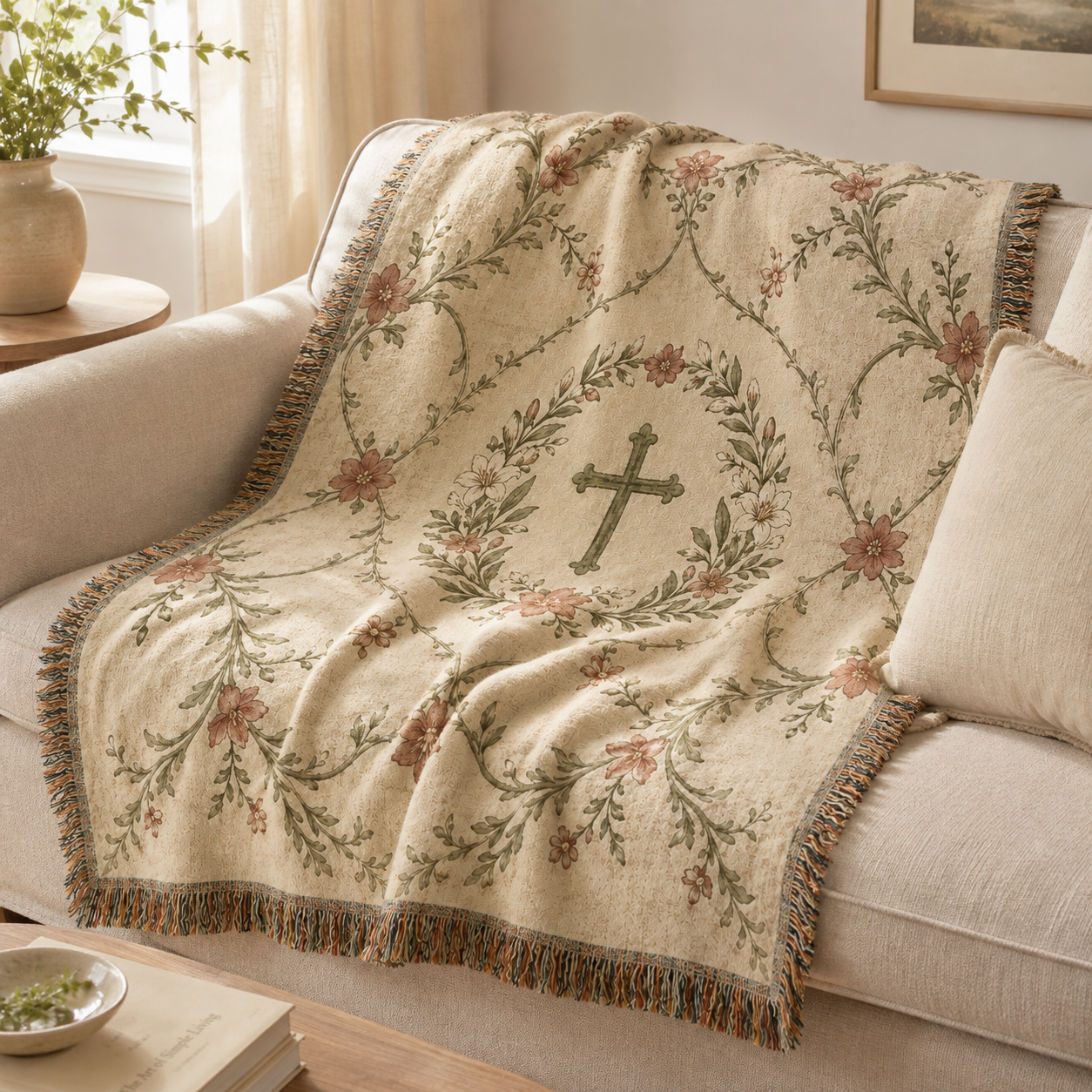 Vintage Christian floral cross woven blanket softly draped on a neutral sofa