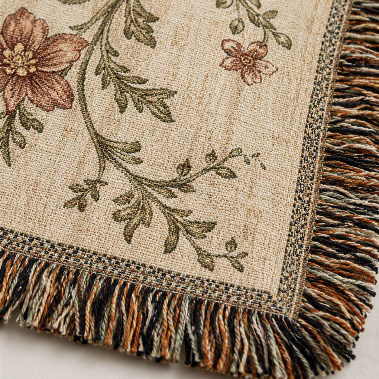 Macro close-up of woven texture and multicolor fringe on Christian floral blanket