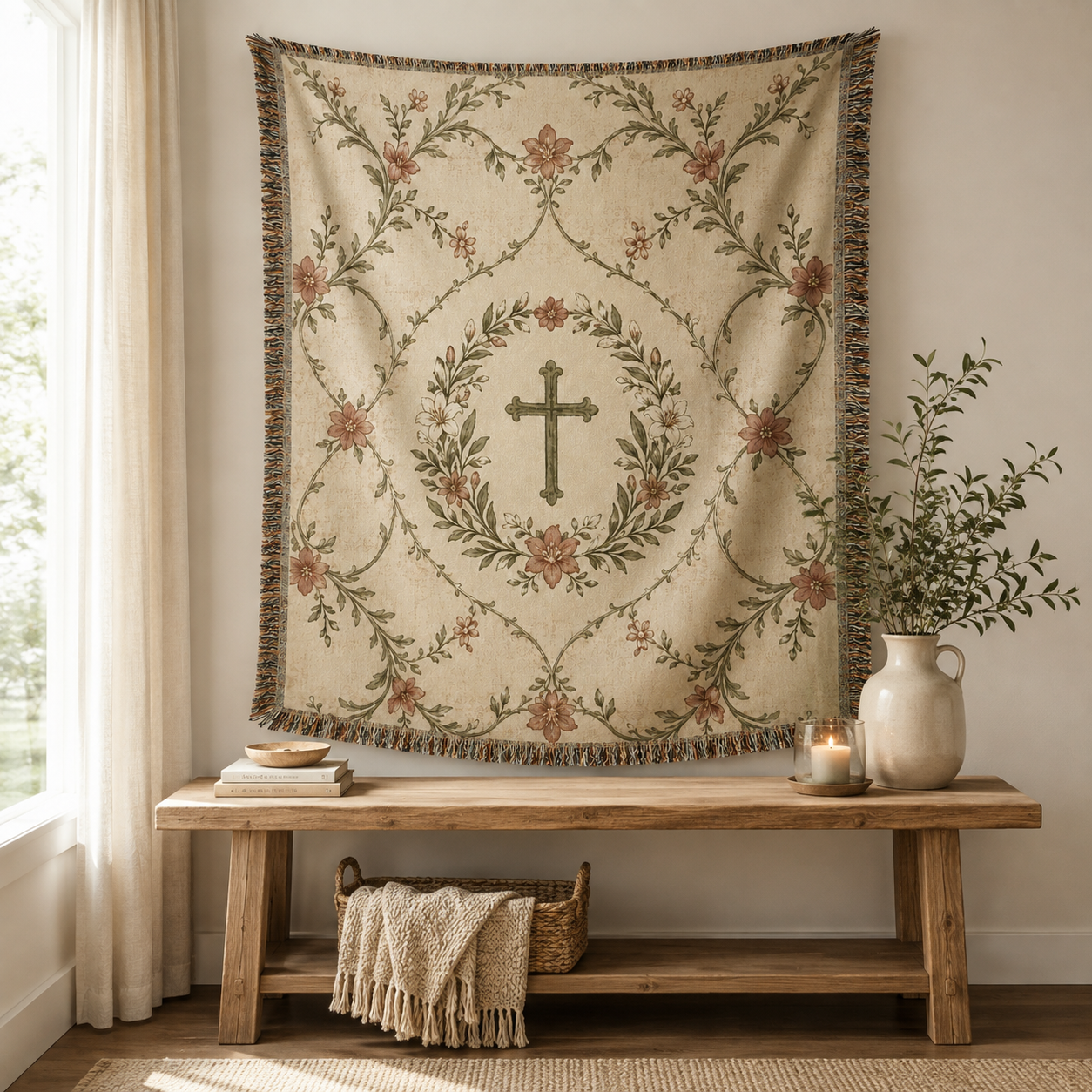 Christian floral cross woven blanket displayed as vintage wall tapestry decor