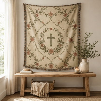 Christian floral cross woven blanket displayed as vintage wall tapestry decor