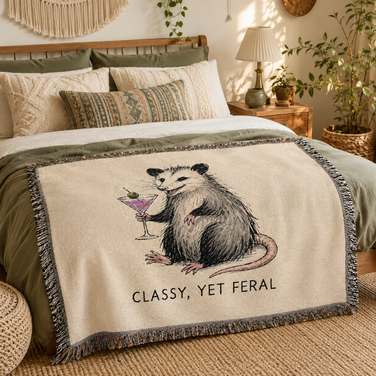 Classy Yet Feral opossum woven blanket styled on a bohemian bed