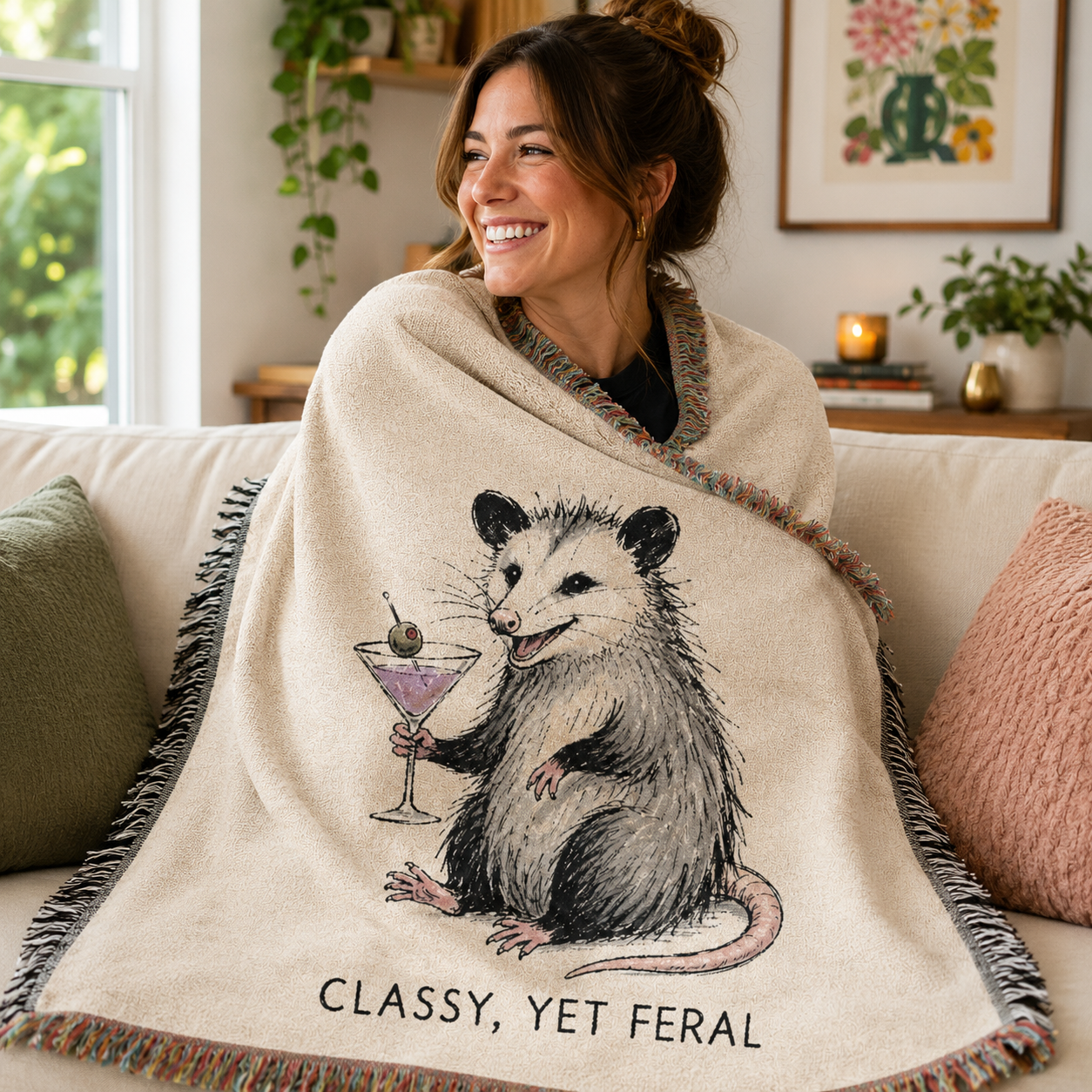 Woman wrapped in Classy Yet Feral opossum woven blanket