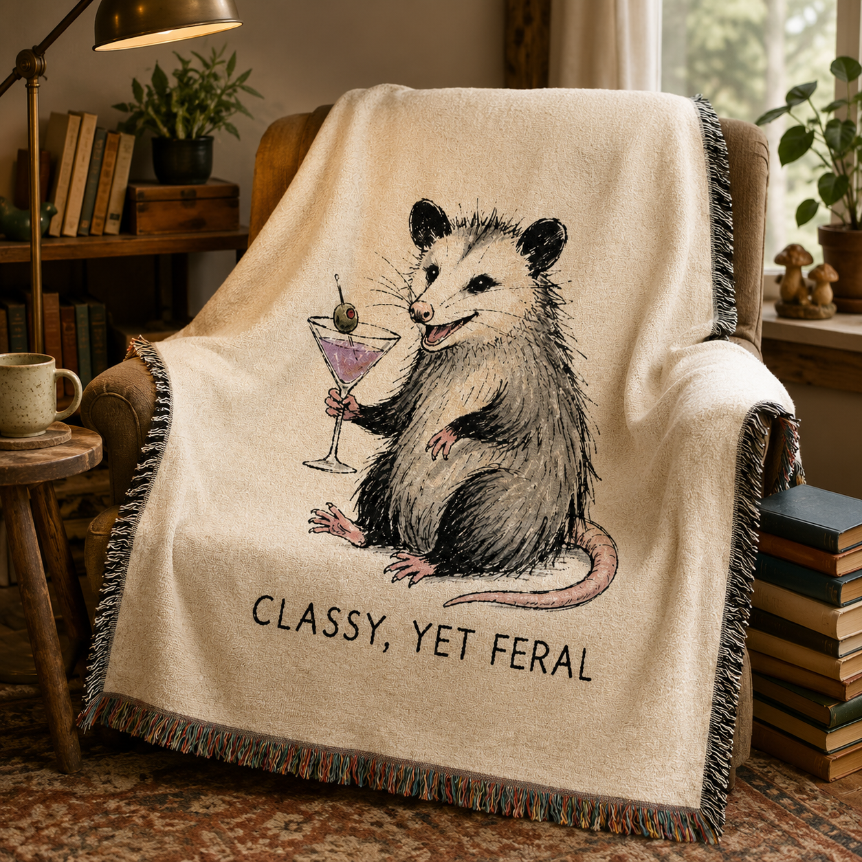 Classy Yet Feral opossum woven blanket on a cozy reading chair