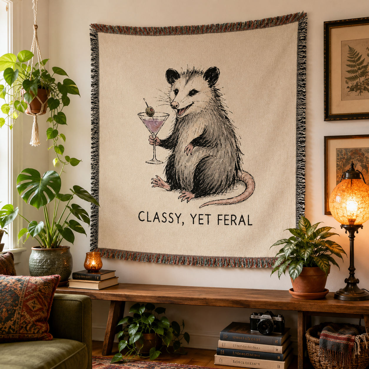 Classy Yet Feral opossum woven blanket displayed as wall tapestry