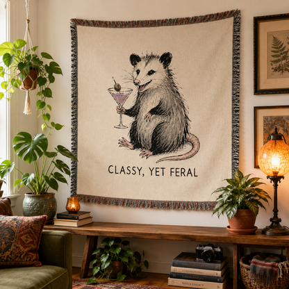 Classy Yet Feral opossum woven blanket displayed as wall tapestry