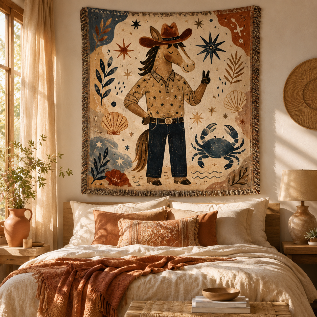 Coastal cowboy horse woven tapestry blanket above a warm boho bedroom bed