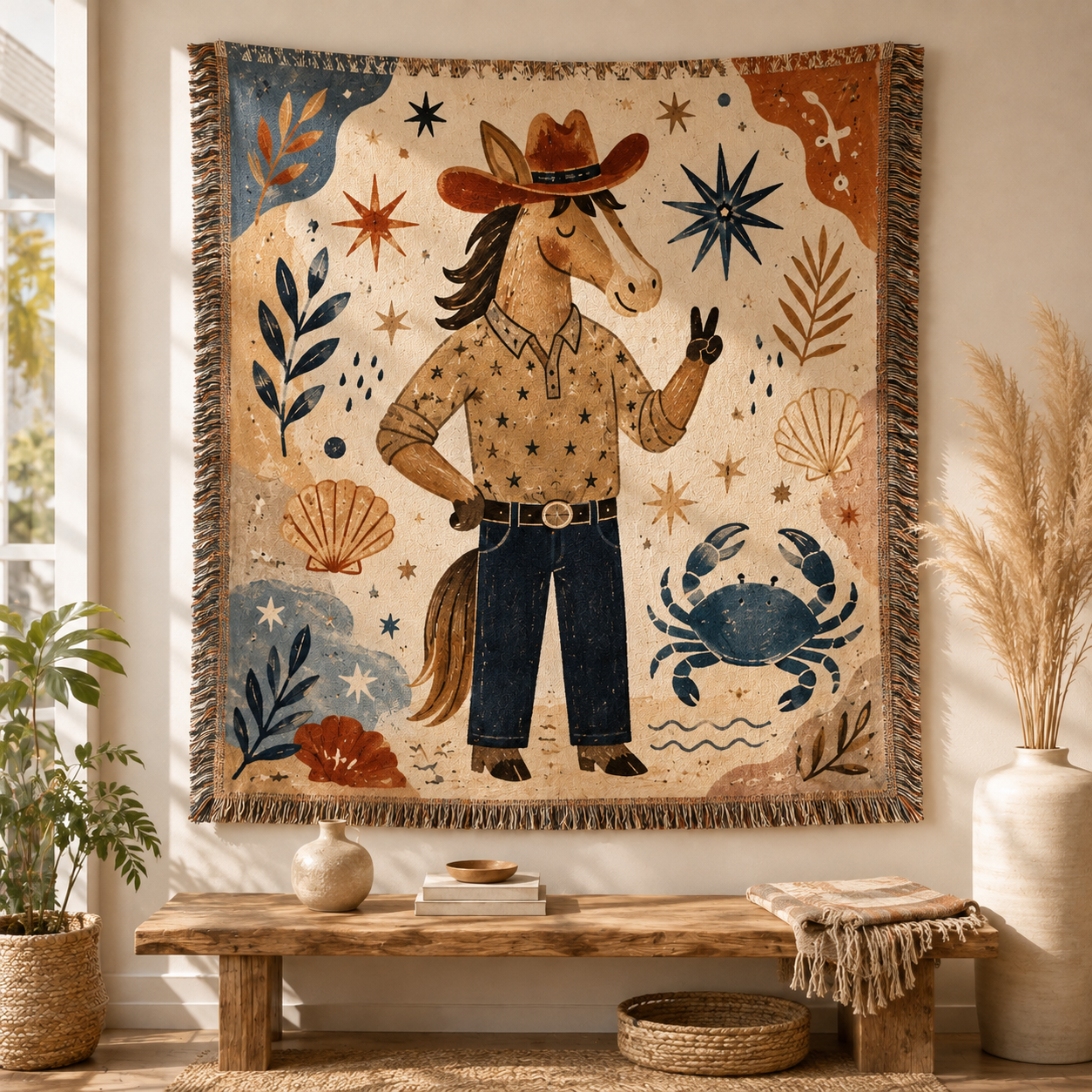 Coastal cowboy horse woven tapestry styled above a rustic wooden entryway bench