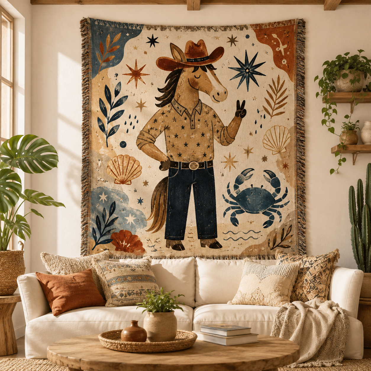 Coastal cowboy horse woven blanket displayed in a sunlit boho living room