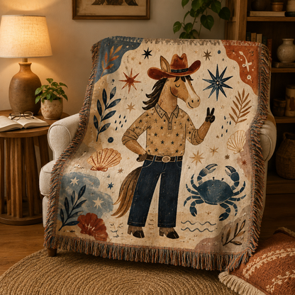 Coastal cowboy horse woven blanket draped over an armchair in a cozy reading nook