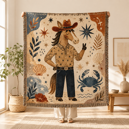Person holding a coastal cowboy horse woven blanket to show size and scale