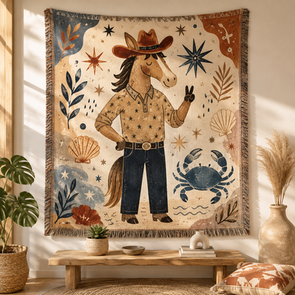 Whimsical coastal cowboy horse woven blanket with crab shells stars and fringe