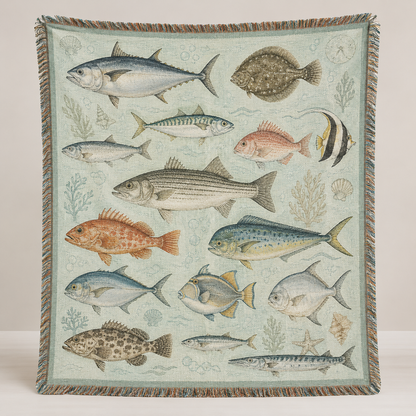 Coastal fish chart woven blanket with seafoam background and fringed edges