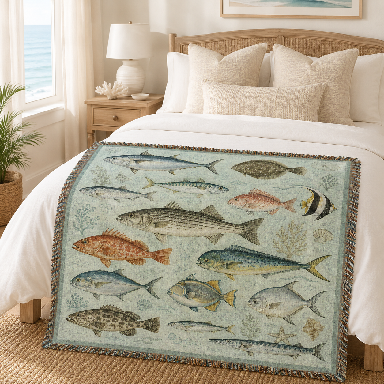 Coastal fish woven blanket displayed across a bright neutral bed
