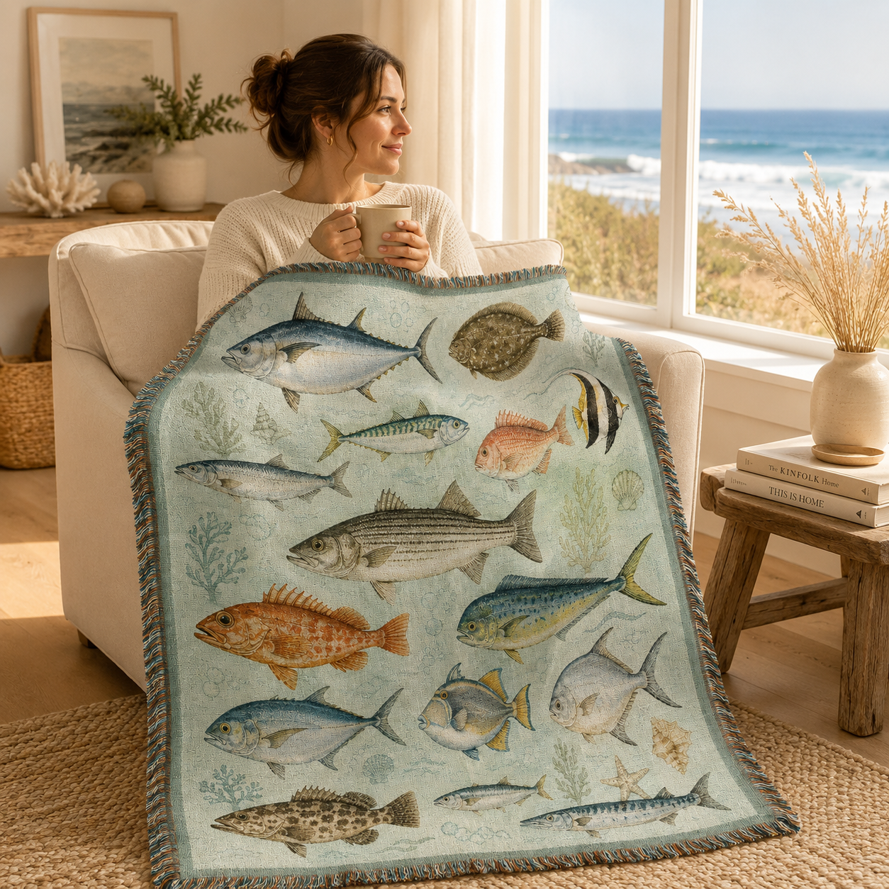 Woman relaxing with a coastal fish woven blanket by an ocean-view window