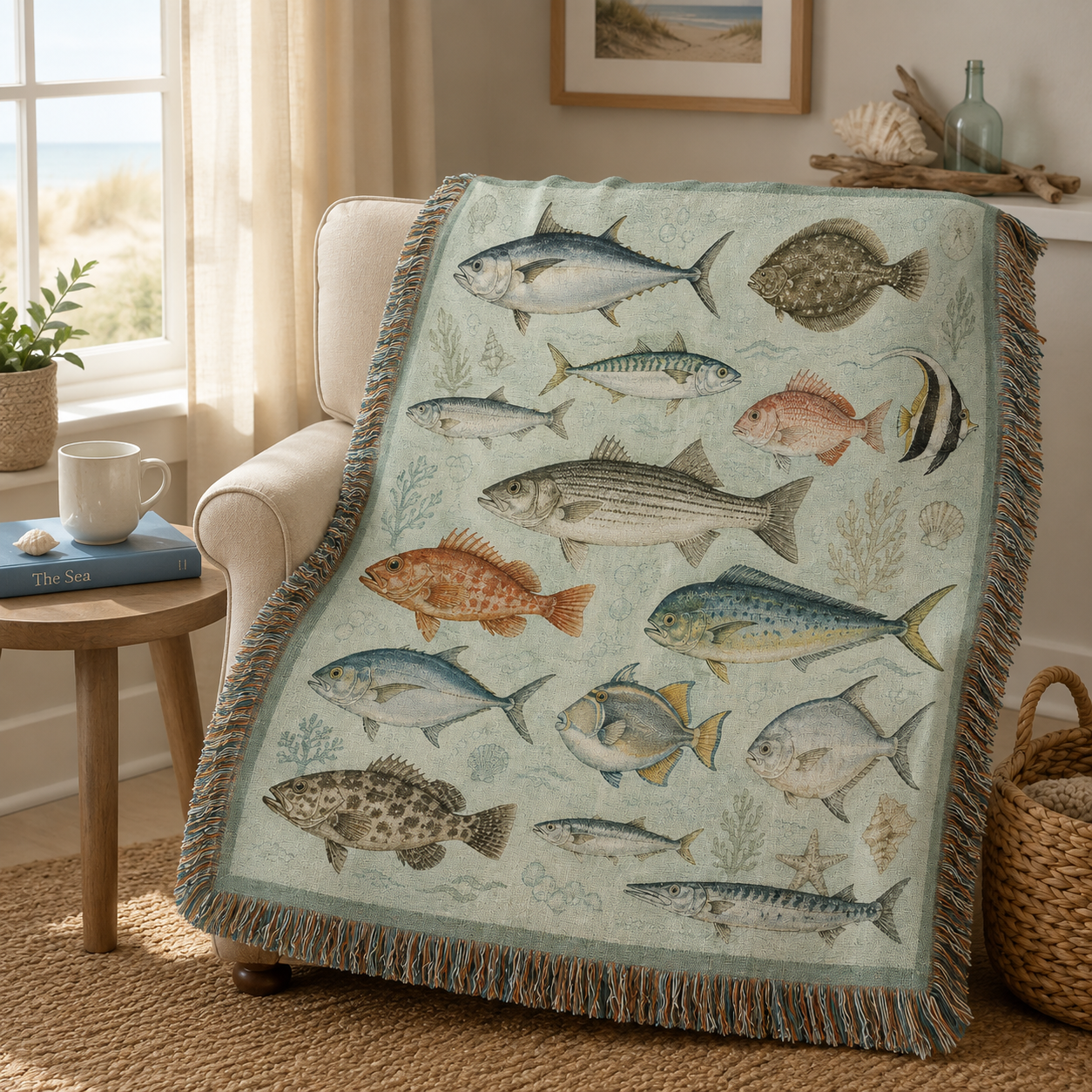 Sea life woven blanket draped over a coastal reading chair