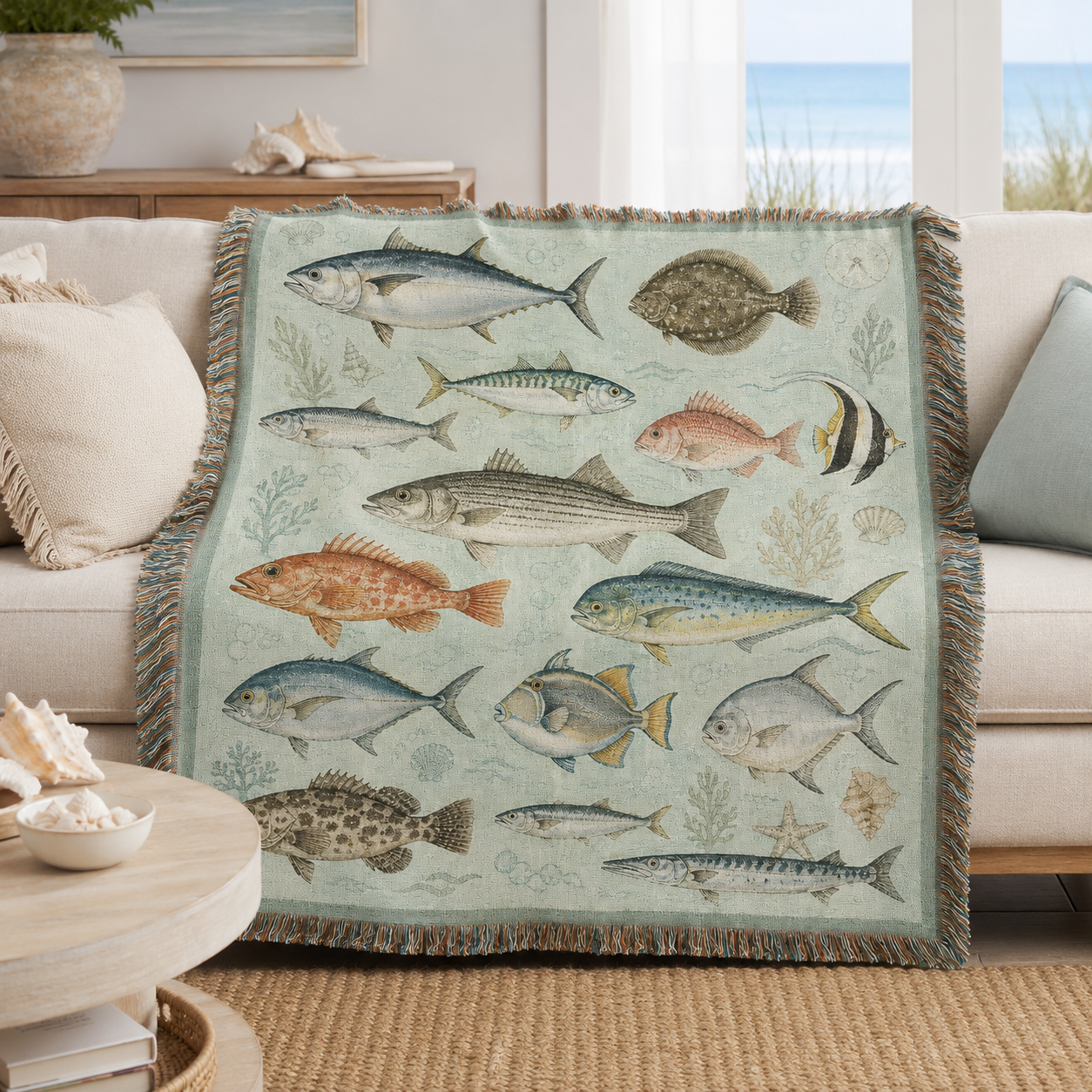 Vintage fish woven blanket styled on a sofa in a coastal living room