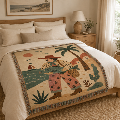 Coastal fisherman woven blanket displayed across a calm natural bedroom