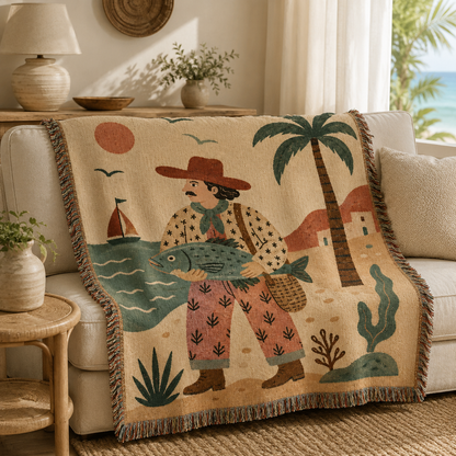 Woman holding a coastal fisherman woven blanket as a folk art seaside gift