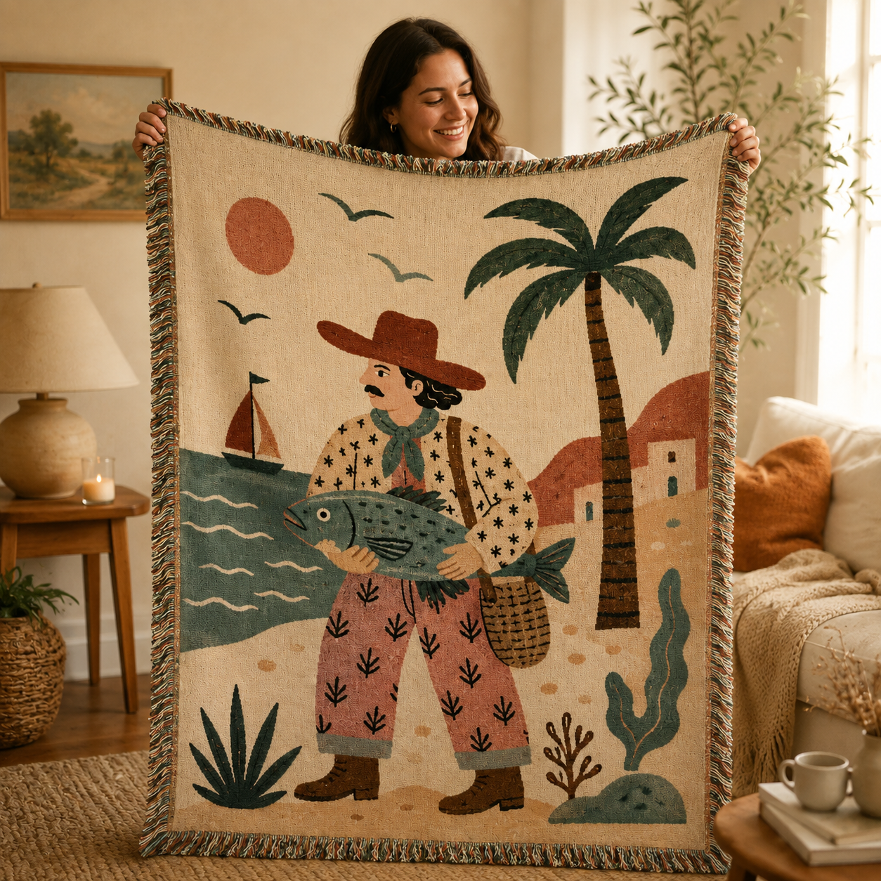Coastal fisherman woven blanket styled on a warm neutral living room sofa