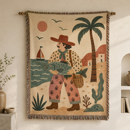Coastal fisherman woven blanket with folk art seaside village, palm tree and large fish