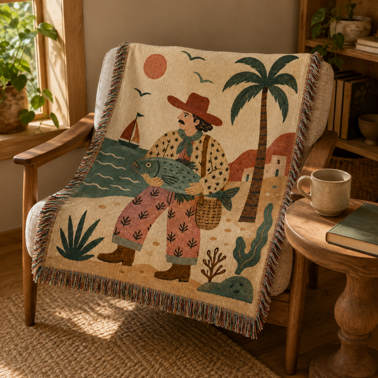 Coastal fisherman woven blanket arranged on a wooden reading chair in warm sunlight