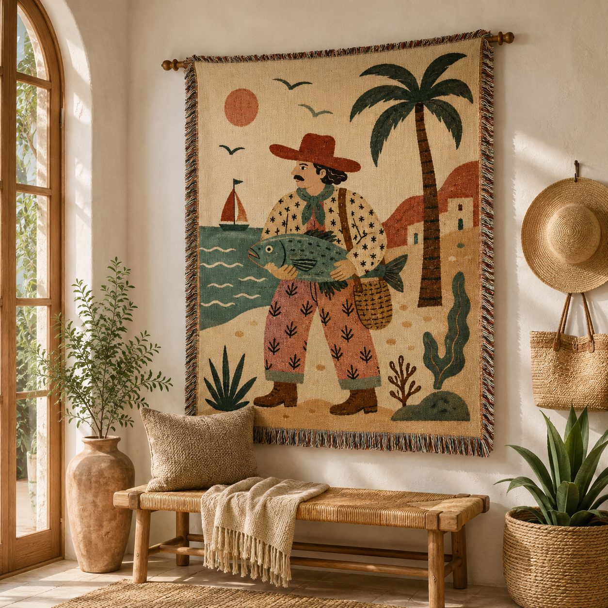 Coastal fisherman woven blanket displayed as Mediterranean wall tapestry decor