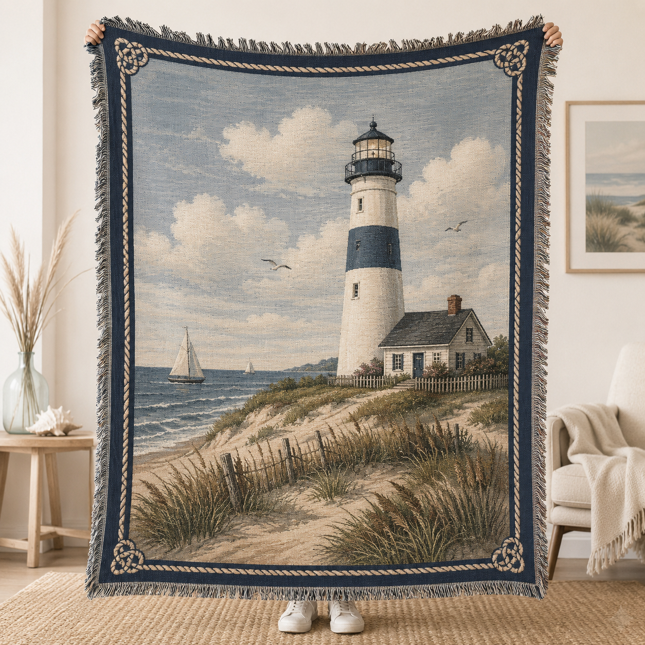 Coastal lighthouse woven blanket with navy rope border and fringe