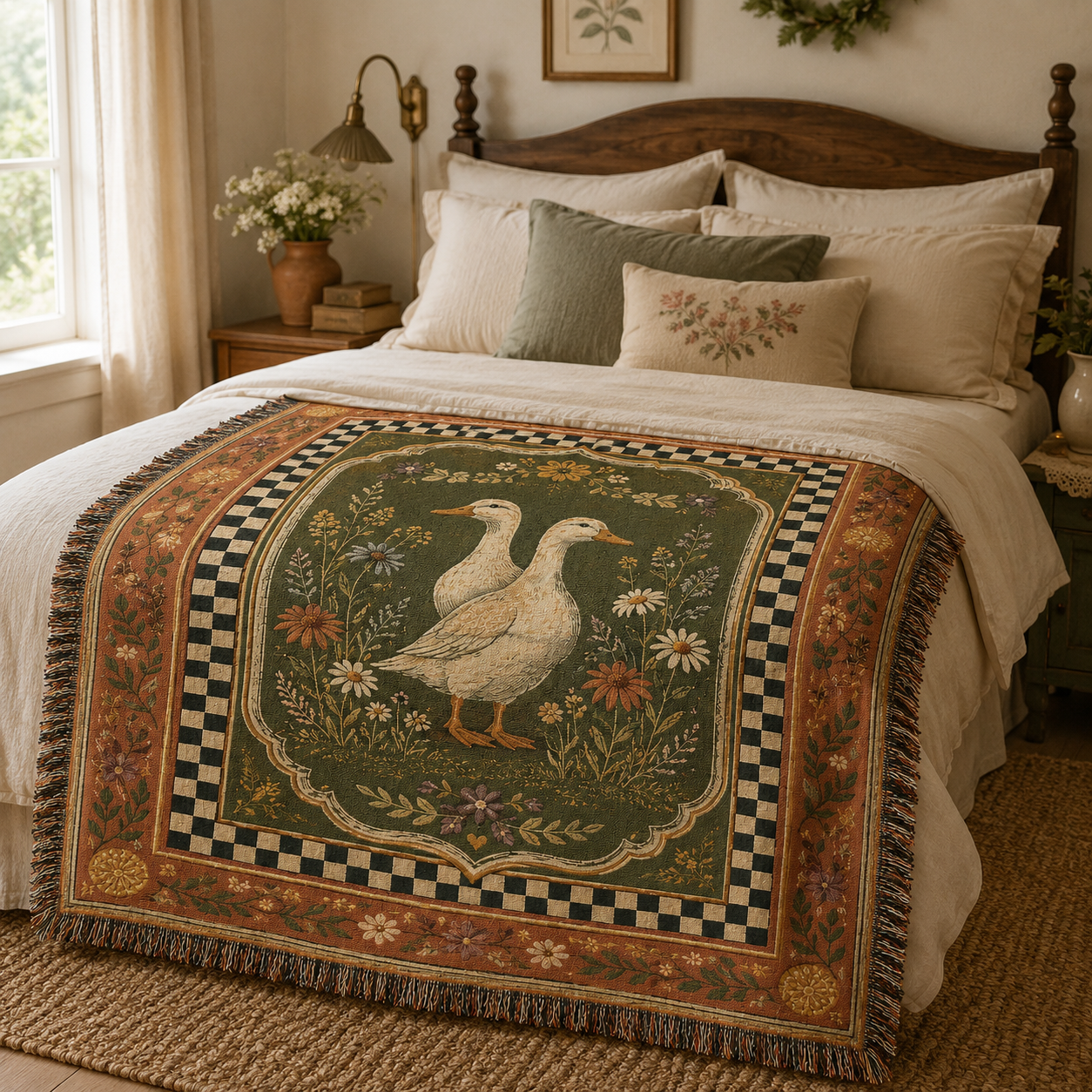 Cottage duck wildflower woven blanket across a farmhouse bed