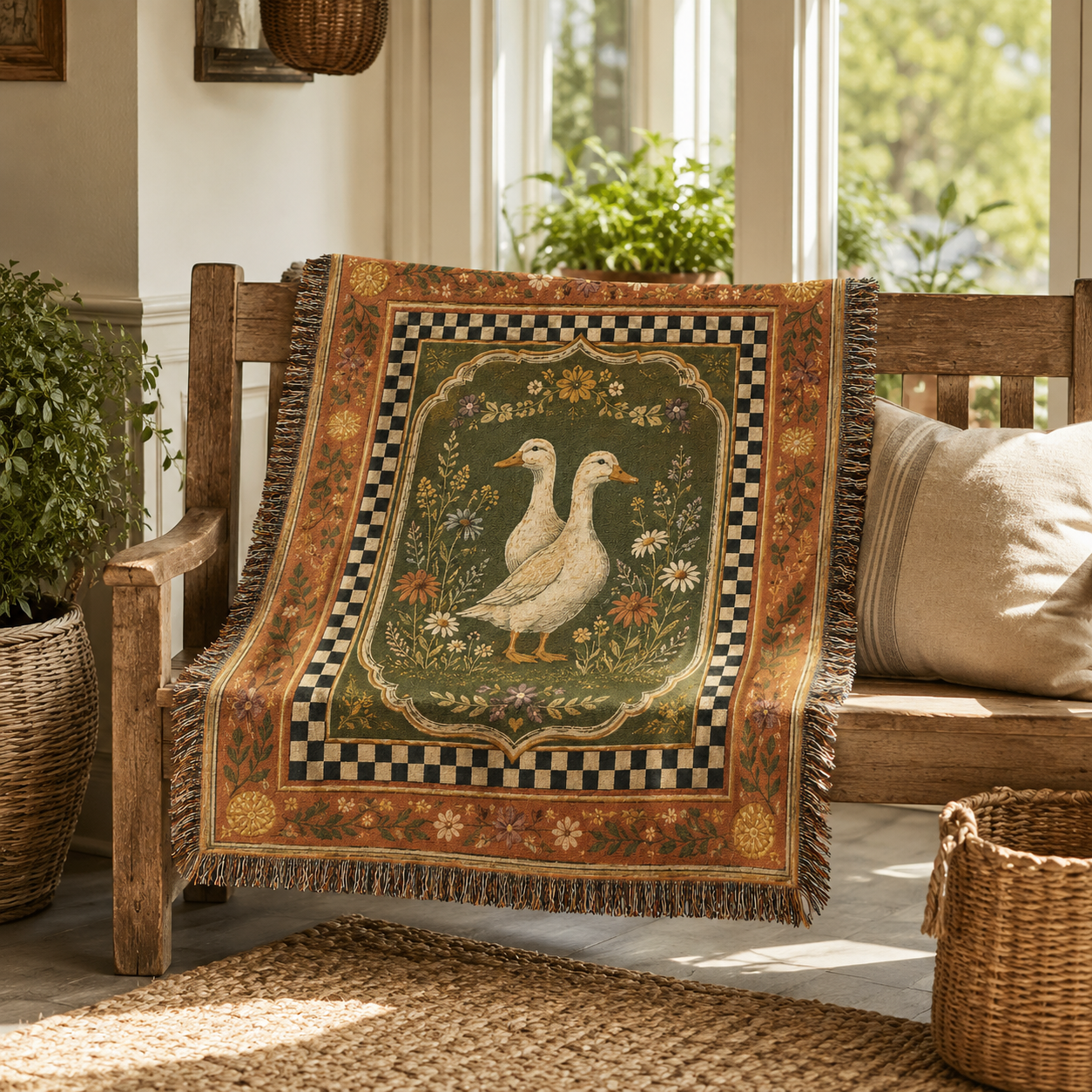 Cottage duck woven blanket draped over a rustic wooden bench